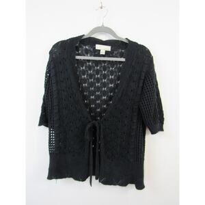 BY Design 0X Black Open Knit Crochet Open Front Short Sleeve Cardigan Sweater